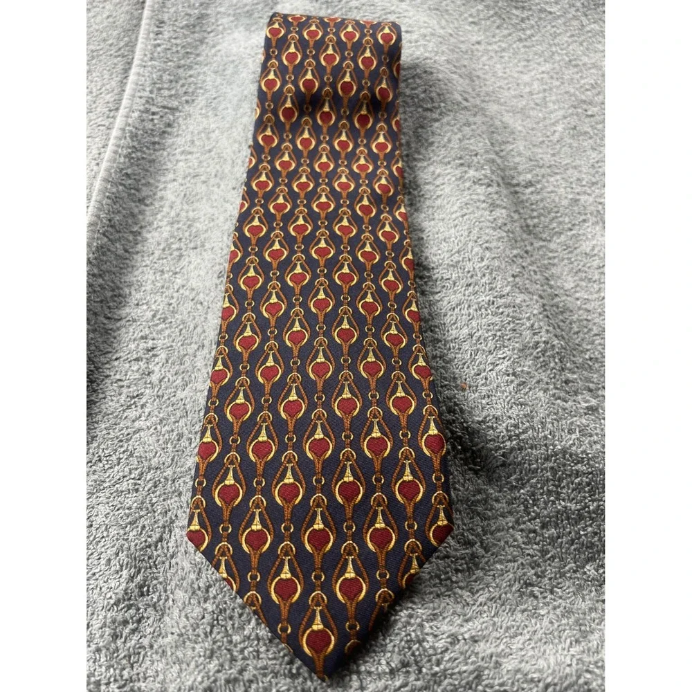 Brooks Brothers maker Silk Tie Navy Red Gold Horse Bit Pattern Made USA‎